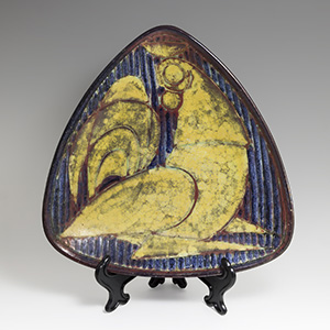 Michael Andersen & Son three-sided bowl, Persia glaze, decoarted with a rooster.